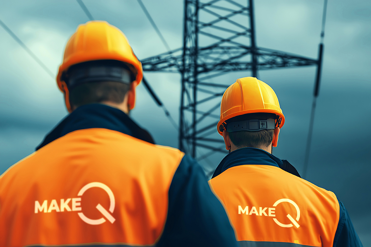 Two workers in safety gear observe a high-voltage power line aga